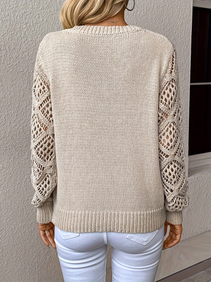 Hollow Out V Neck Pullover Long Sleeve Solid Color Knitted Sweater