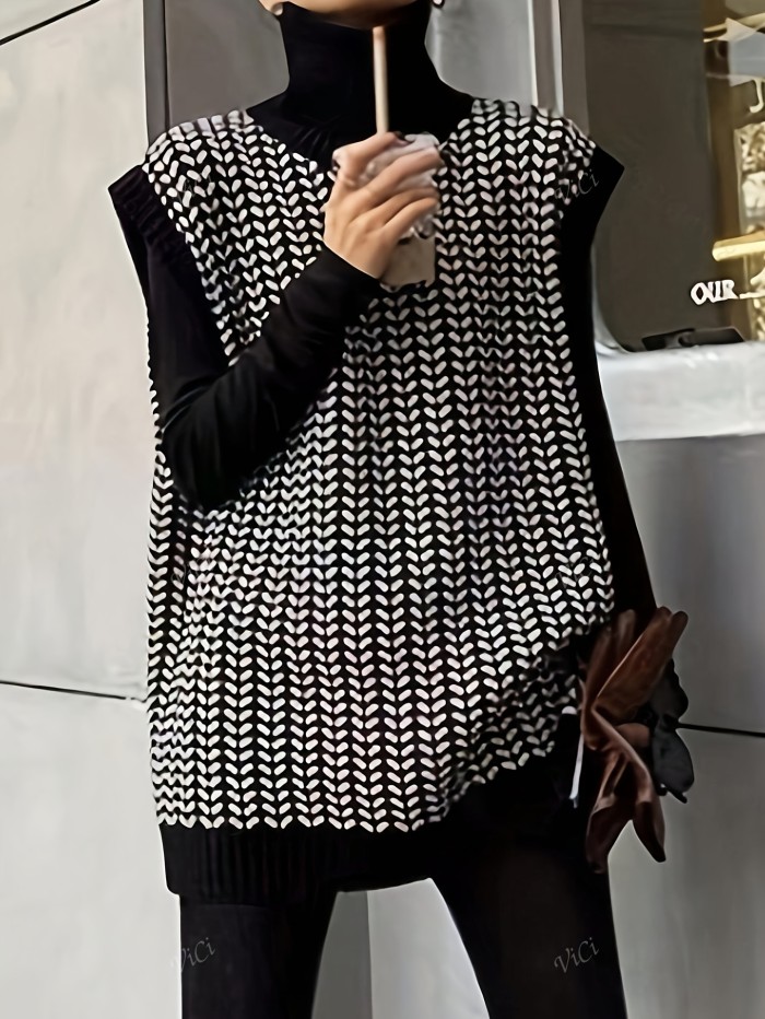 Fashionable Women's Sweater for Autumn And Winter High-neck Pullover Color-blocked Vest
