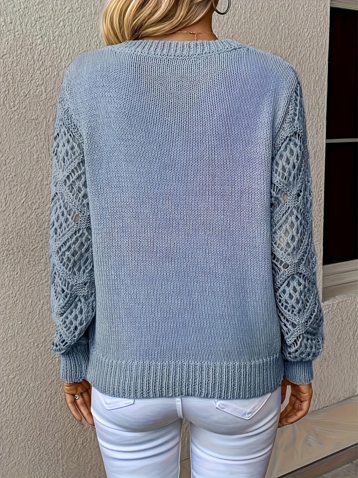 Hollow Out V Neck Pullover Long Sleeve Solid Color Knitted Sweater
