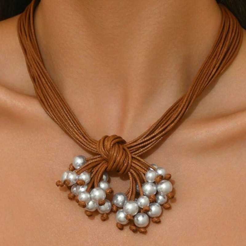 1pc Women's Bohemian Necklace - Brown Woven cord with Faux Imitation Pearl Beads