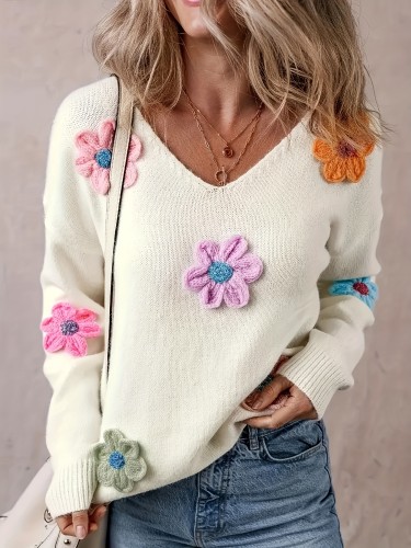 Women's Elegant V-Neck Crochet Floral Sweater