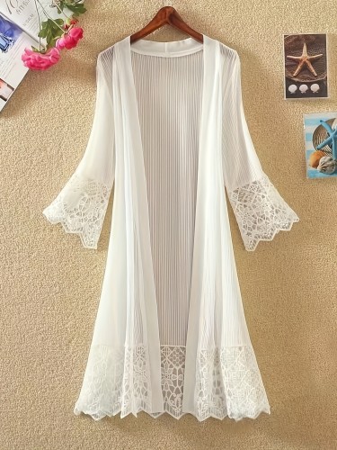 Women's Lightweight Sheer Lace Trim Three-Quarter Sleeve Cardigan