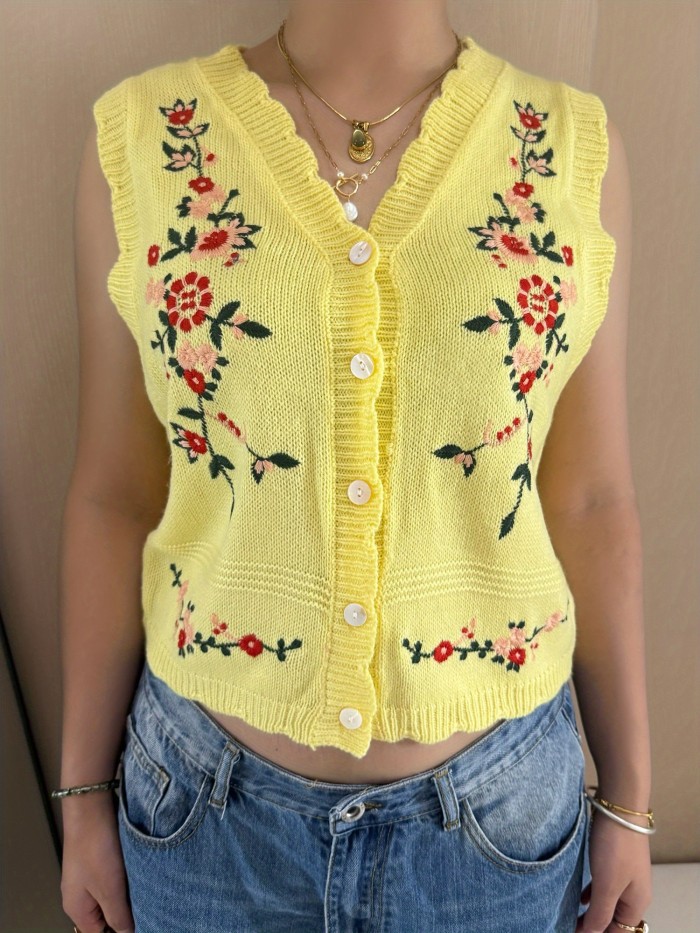 Women'S Vintage Floral Embroidered Button Front Sleeveless Sweater Vest
