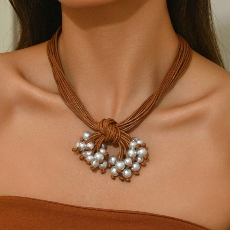 1pc Women's Bohemian Necklace - Brown Woven cord with Faux Imitation Pearl Beads