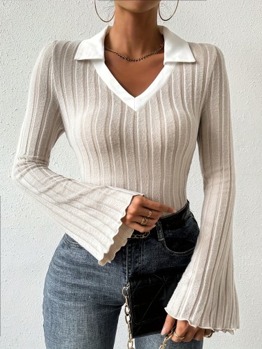 Casual Slim Ribbed Color Block Collar Sweater - Long Sleeve For Spring & Fall - Women's Clothing