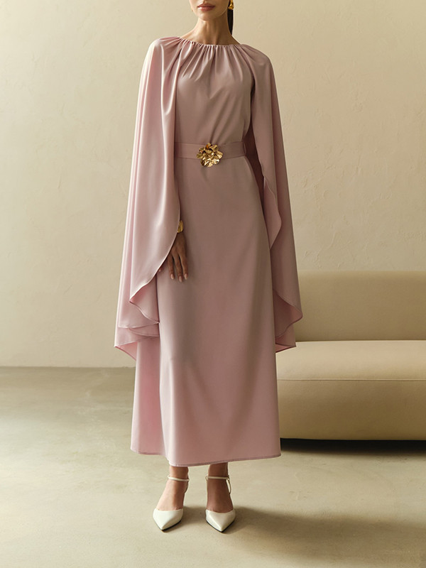 Tied Waist Split-Joint Pleated Lace-Up Elasticity Cape Round-neck Maxi Dresses Evening Dresses