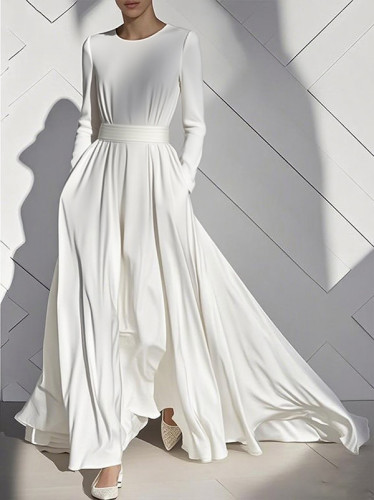 Solid Color Pockets Pleated Long Sleeves A-Line Round-Neck Maxi Dresses