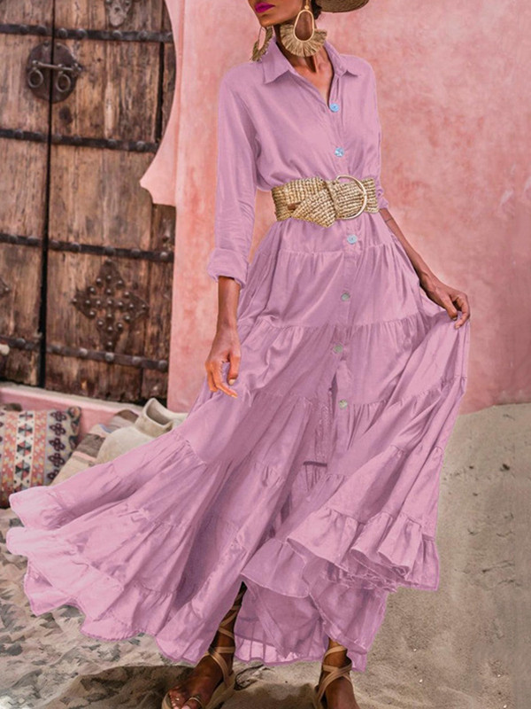 Split-Joint Pleated Loose Lapel Shirt Dress Maxi Dresses