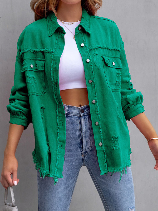 Pockets Fringed Loose Long Sleeves Lapel Outerwear