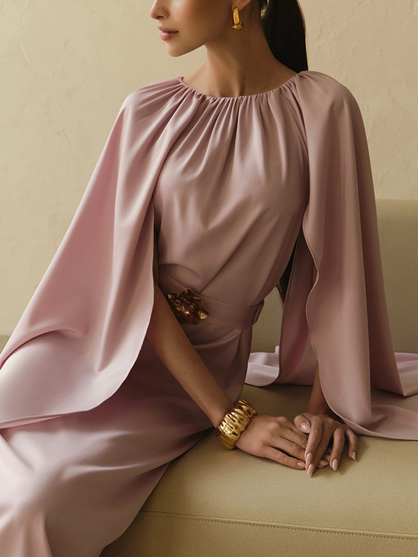 Tied Waist Split-Joint Pleated Lace-Up Elasticity Cape Round-neck Maxi Dresses Evening Dresses
