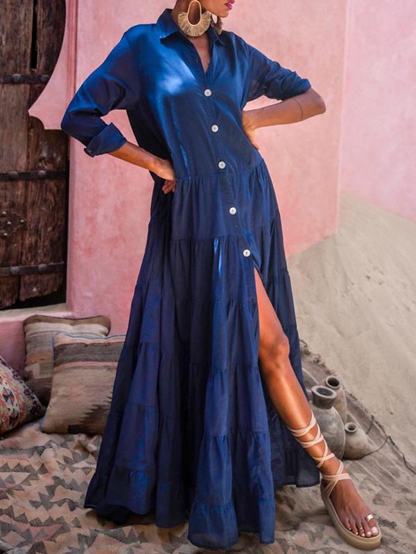 Split-Joint Pleated Loose Lapel Shirt Dress Maxi Dresses