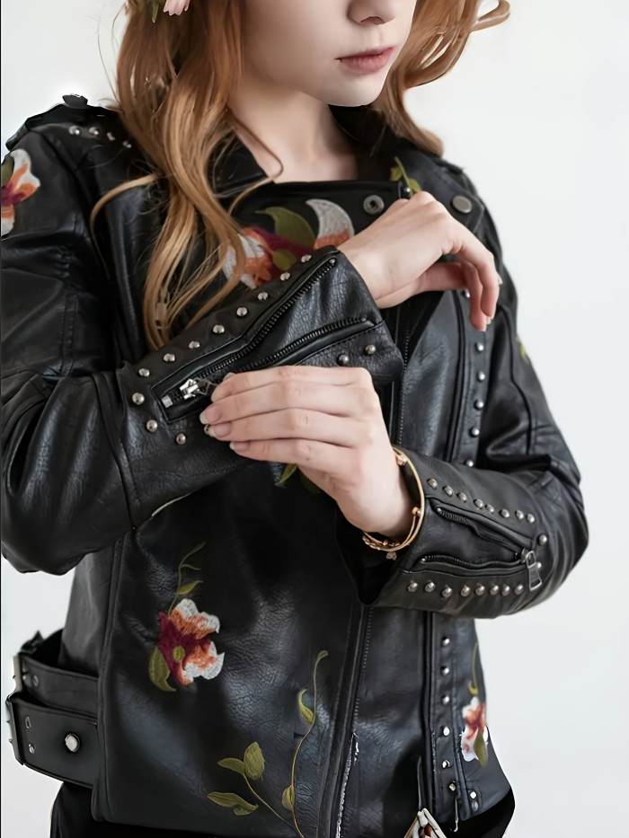 Women'S Vintage Bohemian Floral Embroidered Faux Leather Jacket