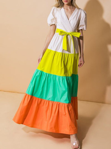 Split-Joint Pleated Contrast Color Bowknot Short Sleeves Puff Sleeves V-neck Shirt Dress Maxi Dresses