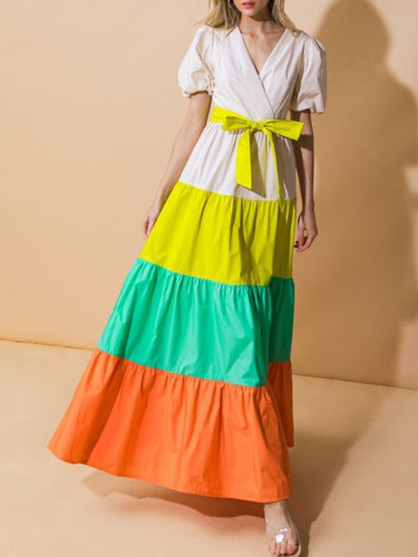Split-Joint Pleated Contrast Color Bowknot Short Sleeves Puff Sleeves V-neck Shirt Dress Maxi Dresses