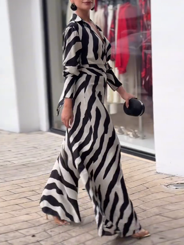 Zebra Printed Tied Waist Split-Joint Wide Leg Long Sleeves Lapel Jumpsuits