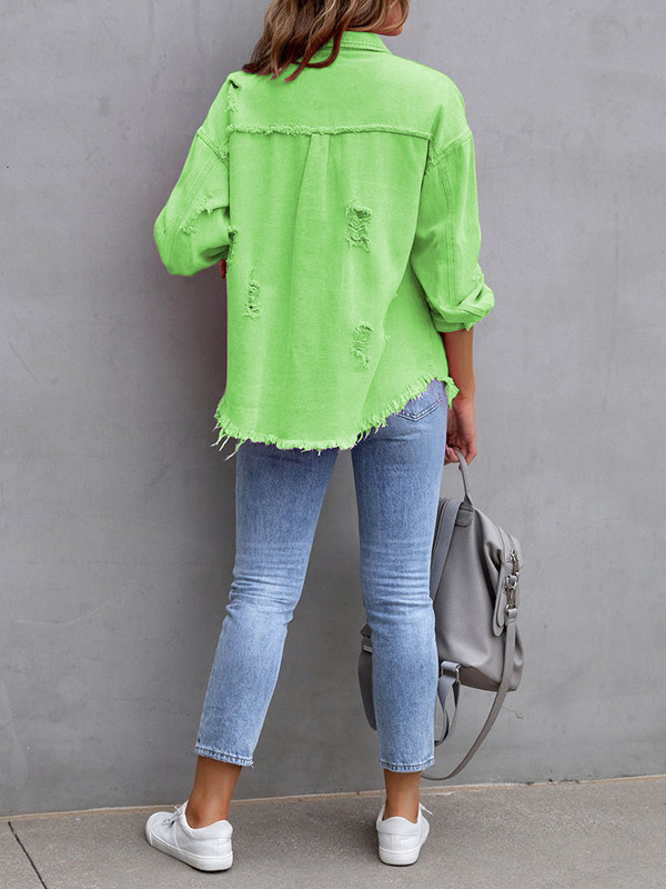 Pockets Fringed Loose Long Sleeves Lapel Outerwear