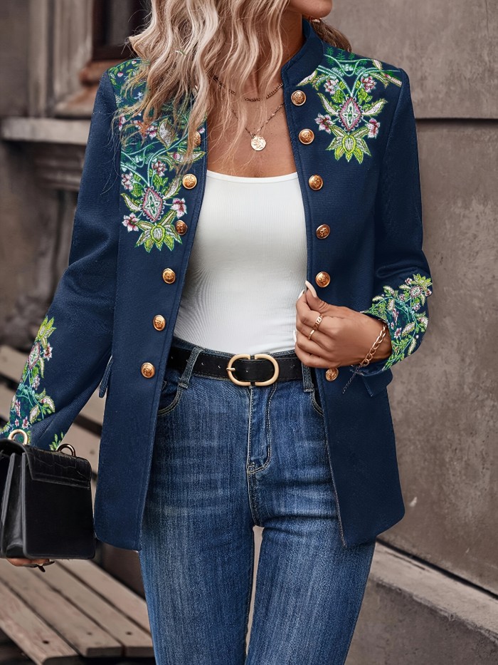 Floral Embroidered Double-Breasted  Elegant Long Sleeve Stand Collar Vintage Jacket