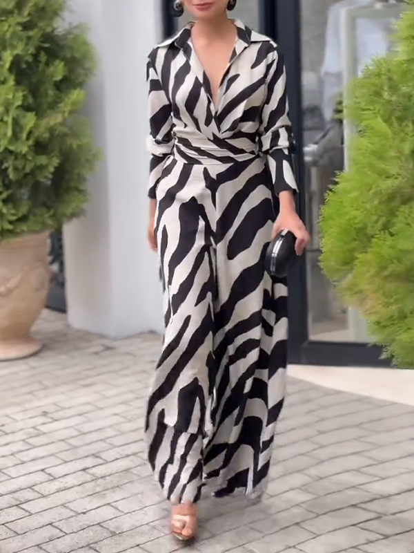 Zebra Printed Tied Waist Split-Joint Wide Leg Long Sleeves Lapel Jumpsuits