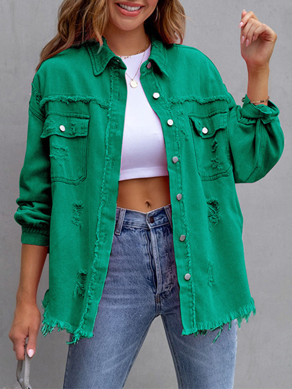 Pockets Fringed Loose Long Sleeves Lapel Outerwear