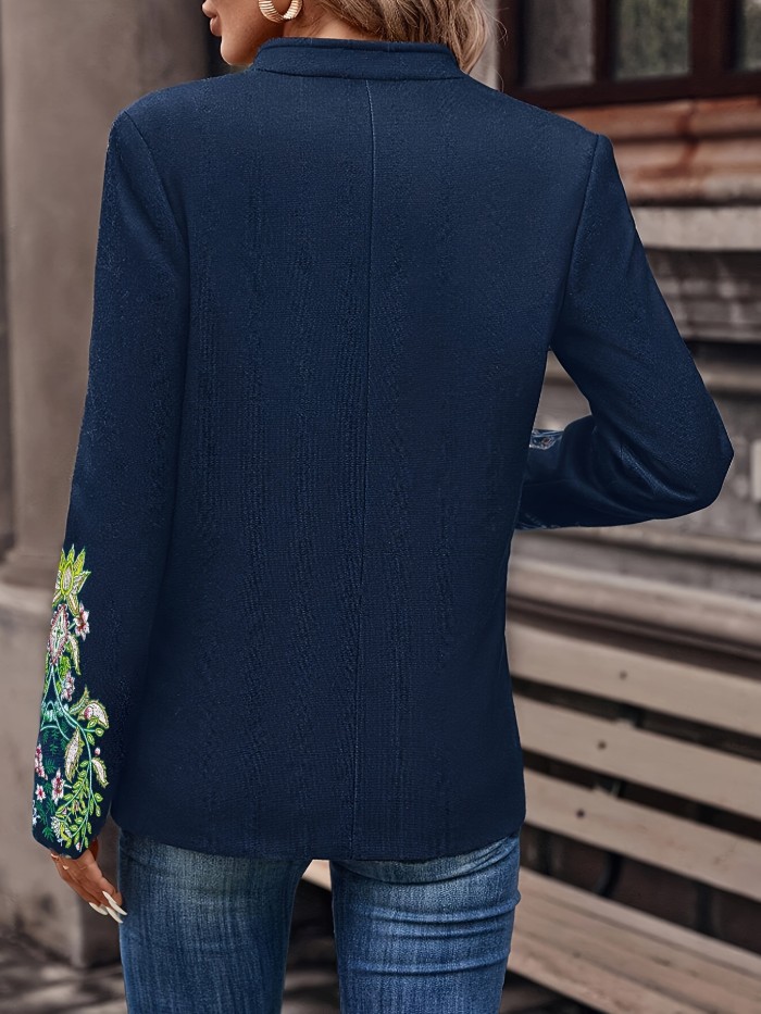 Floral Embroidered Double-Breasted  Elegant Long Sleeve Stand Collar Vintage Jacket