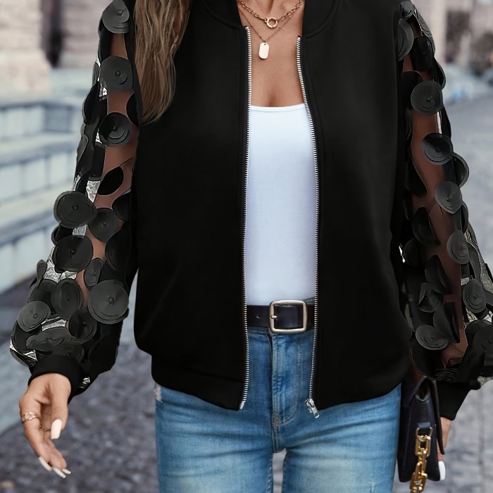 Long Sleeve Solid Color Applique Zipper Mesh Jacket for Spring & Fall, Casual Women's Clothing