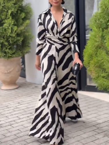 Zebra Printed Tied Waist Split-Joint Wide Leg Long Sleeves Lapel Jumpsuits
