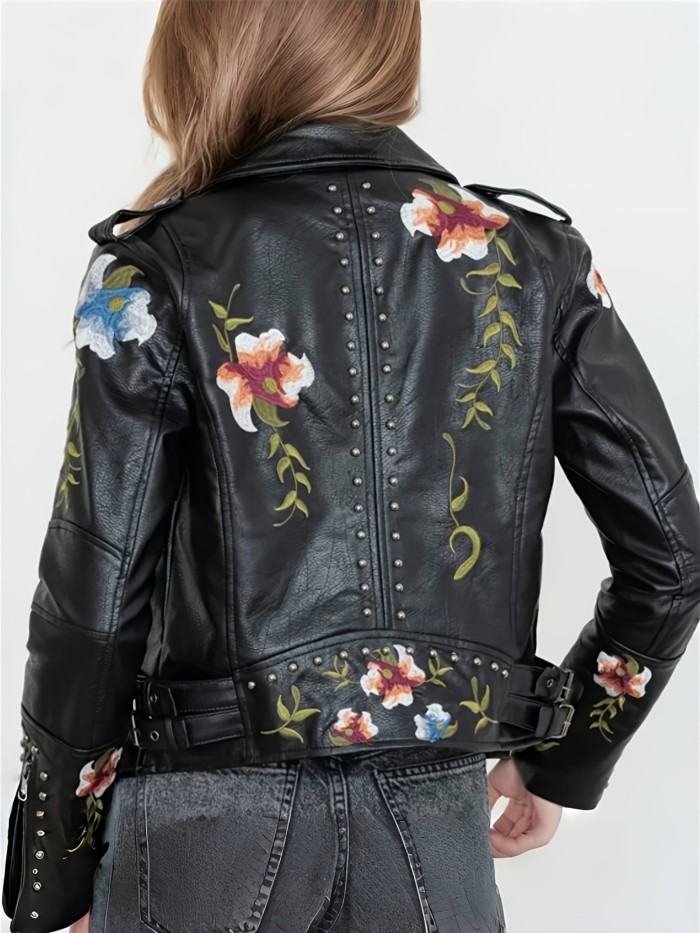 Women'S Vintage Bohemian Floral Embroidered Faux Leather Jacket