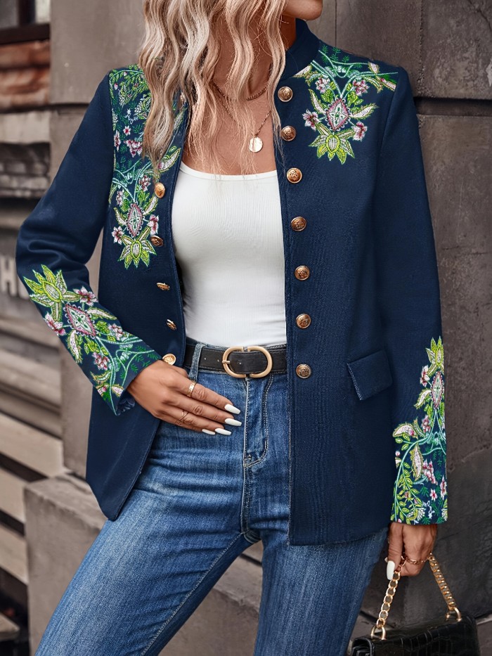 Floral Embroidered Double-Breasted  Elegant Long Sleeve Stand Collar Vintage Jacket