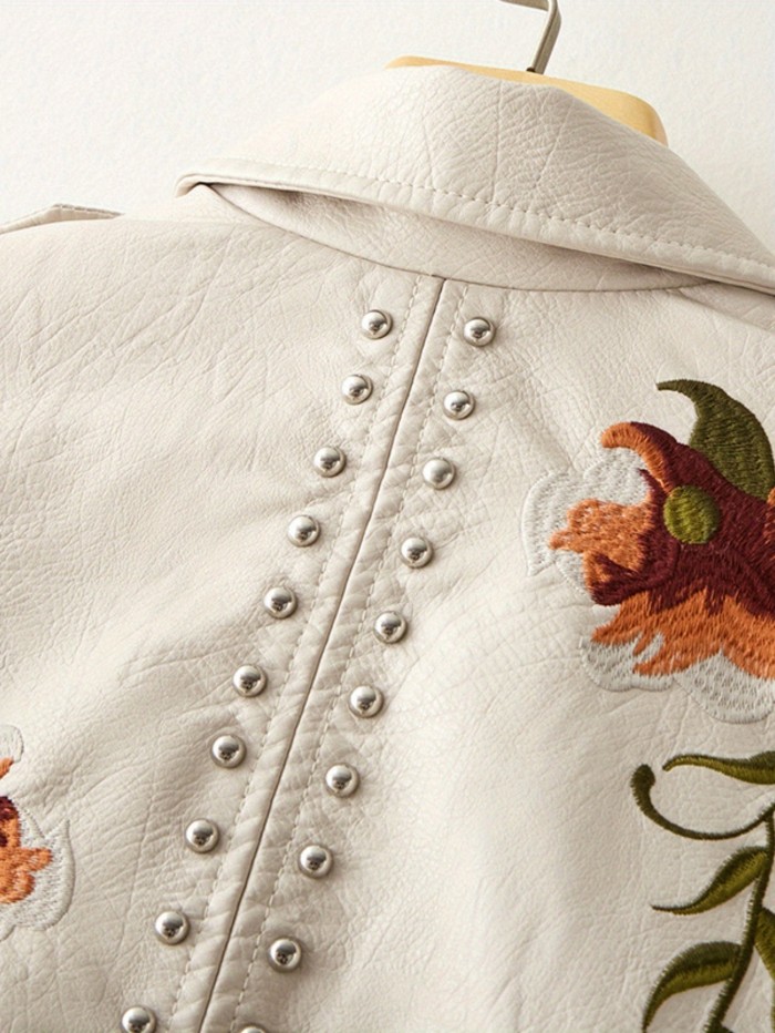 Women'S Vintage Bohemian Floral Embroidered Faux Leather Jacket