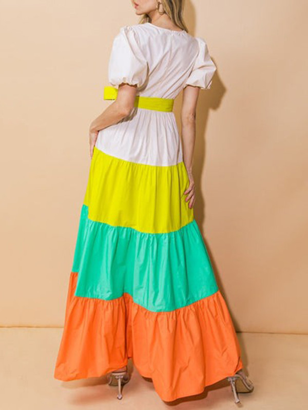 Split-Joint Pleated Contrast Color Bowknot Short Sleeves Puff Sleeves V-neck Shirt Dress Maxi Dresses