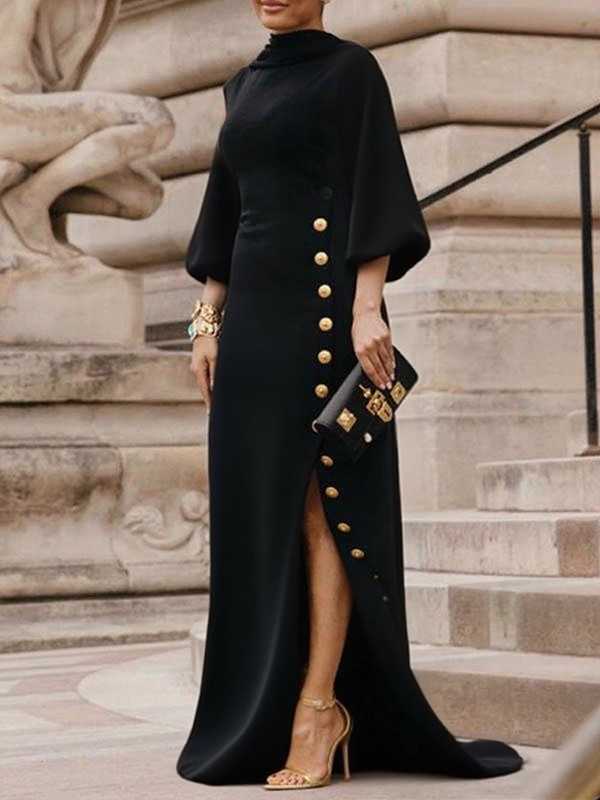 Split-side Buttoned Puff Sleeves Loose Mock Neck Maxi Dresses
