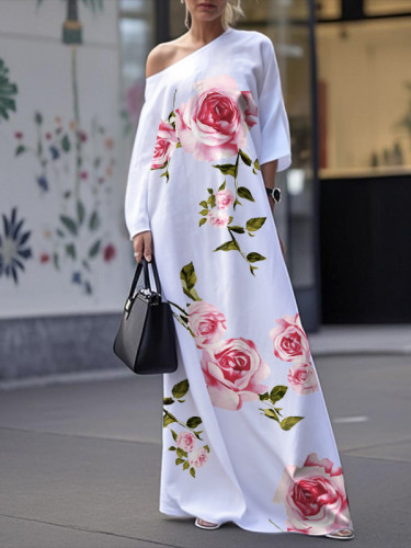 Pockets Flower Print Asymmetric Three-quarter Sleeves Loose One-shoulder Maxi Dresses