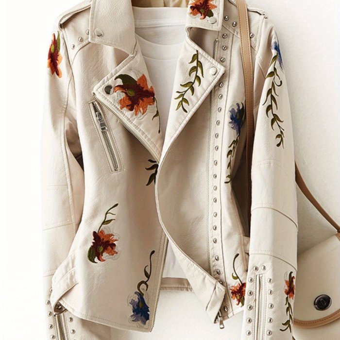 Women'S Vintage Bohemian Floral Embroidered Faux Leather Jacket
