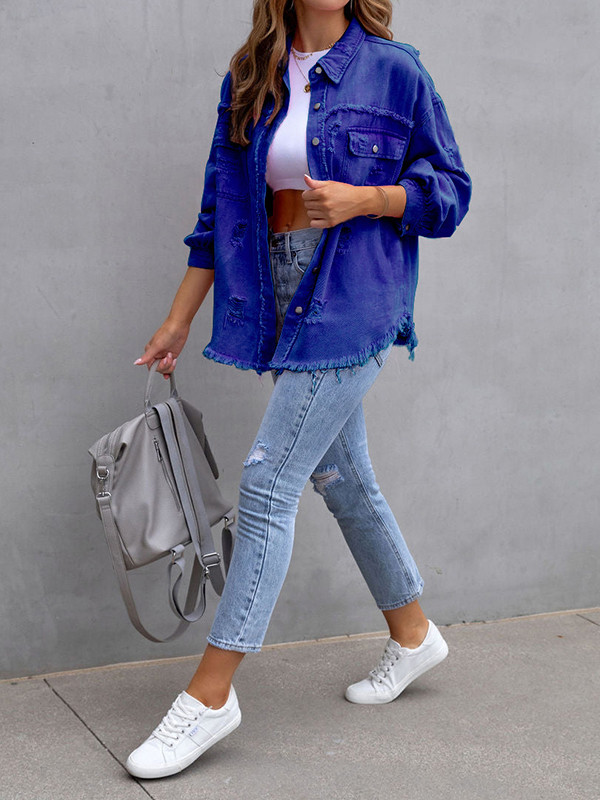 Pockets Fringed Loose Long Sleeves Lapel Outerwear