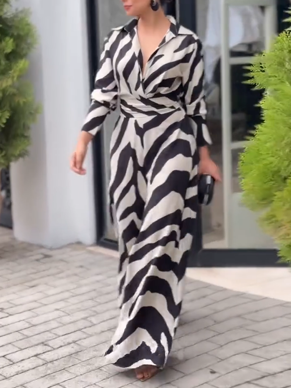Zebra Printed Tied Waist Split-Joint Wide Leg Long Sleeves Lapel Jumpsuits