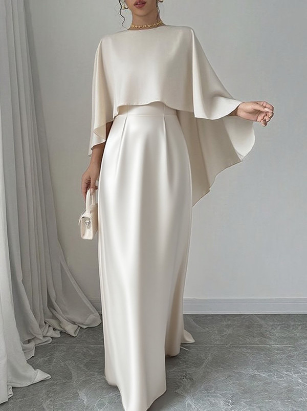 Split-Joint Solid Color Pleated Loose Cap Sleeve Round-Neck Maxi Dresses