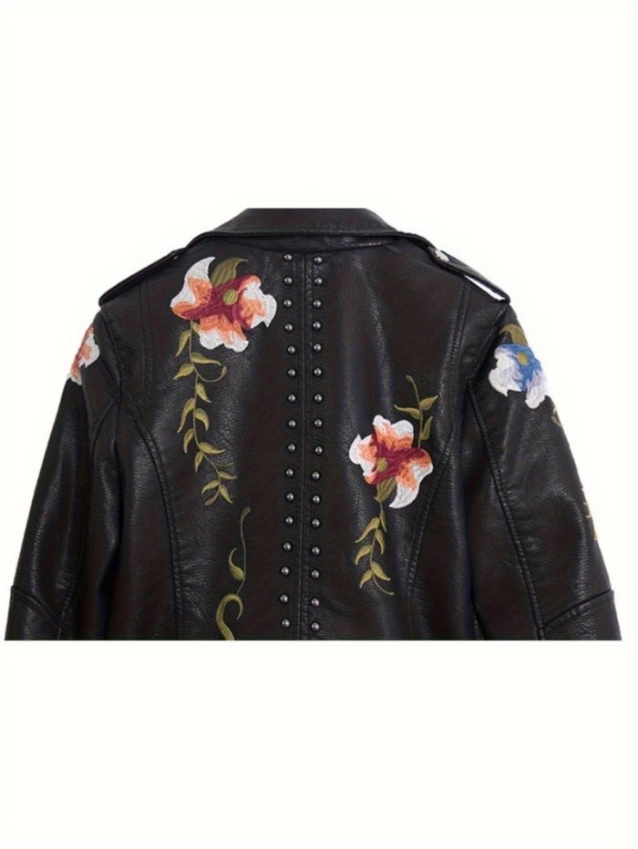 Women'S Vintage Bohemian Floral Embroidered Faux Leather Jacket