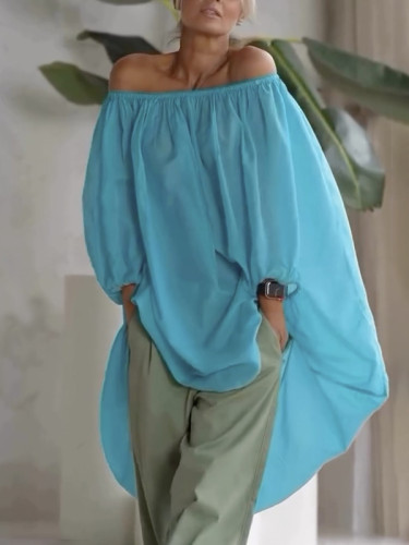 Solid Color See-Through Pleated Elasticity Puff Sleeves Loose Off-The-Shoulder Blouses&Shirts Tops
