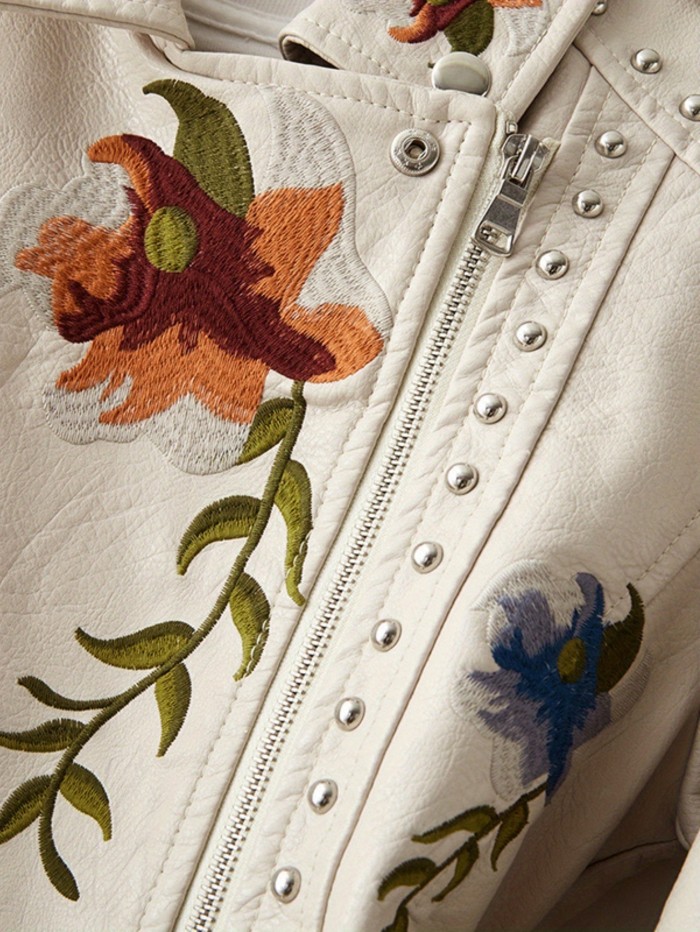 Women'S Vintage Bohemian Floral Embroidered Faux Leather Jacket