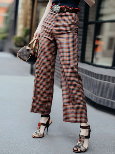 Plaid Contrast Color Column Trousers Casual Pants Bottoms