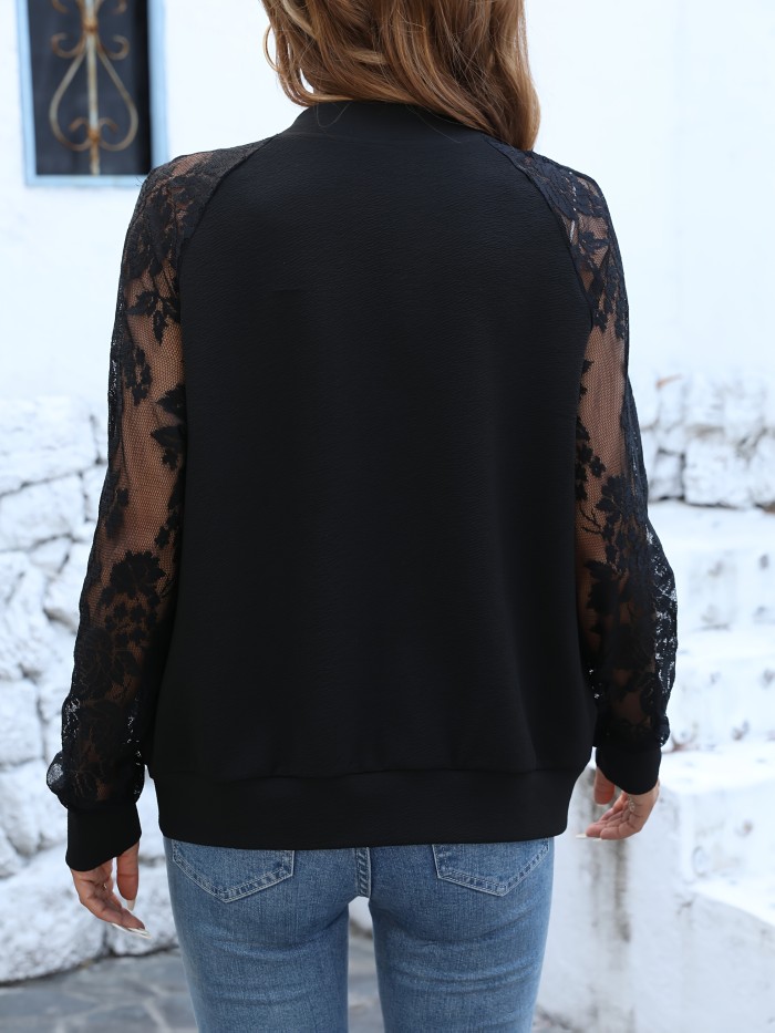 Elegant Women's Floral Mesh Panel Baseball Jacket - Casual Long Sleeve, Zip-Up Outerwear for Spring & Fall