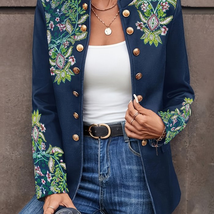 Floral Embroidered Double-Breasted  Elegant Long Sleeve Stand Collar Vintage Jacket