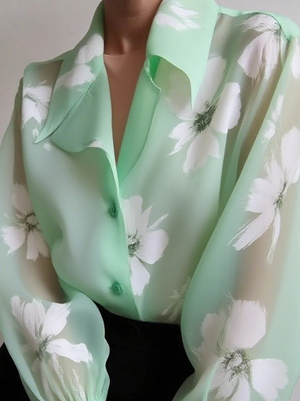 Split-Joint See-Through Pleated Gauze Floral Printed Puff Sleeves V-neck Blouses&shirts Tops