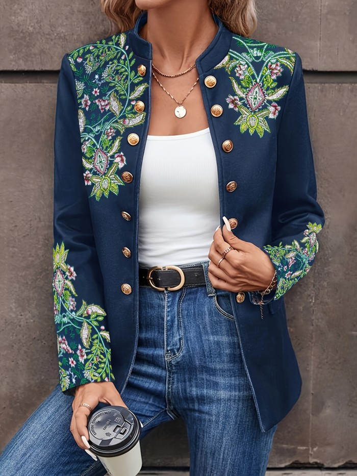 Floral Embroidered Double-Breasted  Elegant Long Sleeve Stand Collar Vintage Jacket