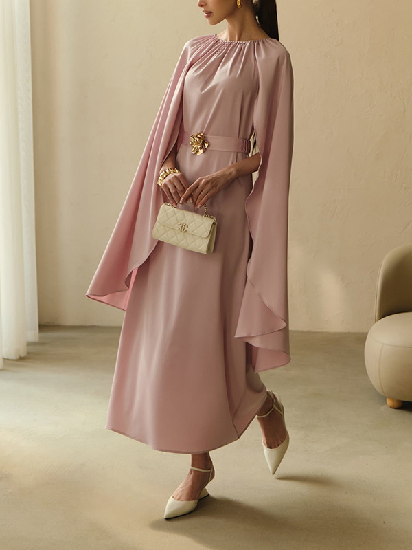 Tied Waist Split-Joint Pleated Lace-Up Elasticity Cape Round-neck Maxi Dresses Evening Dresses