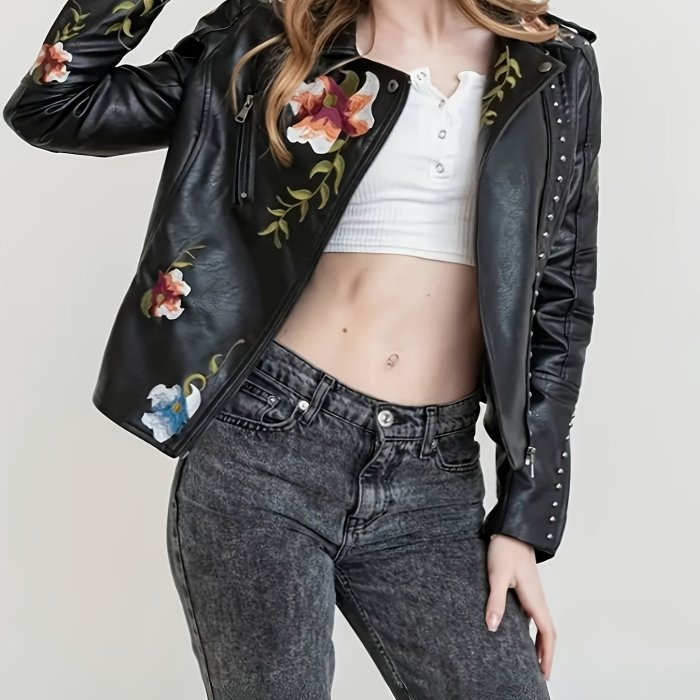 Women'S Vintage Bohemian Floral Embroidered Faux Leather Jacket