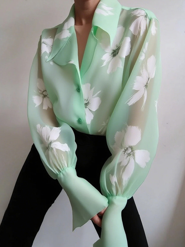 Split-Joint See-Through Pleated Gauze Floral Printed Puff Sleeves V-neck Blouses&shirts Tops