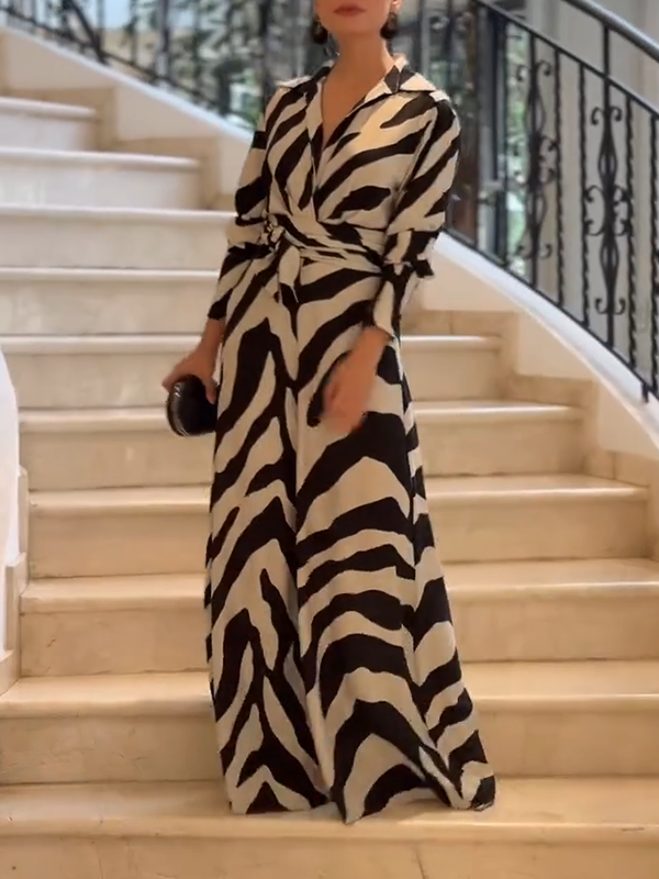 Zebra Printed Tied Waist Split-Joint Wide Leg Long Sleeves Lapel Jumpsuits