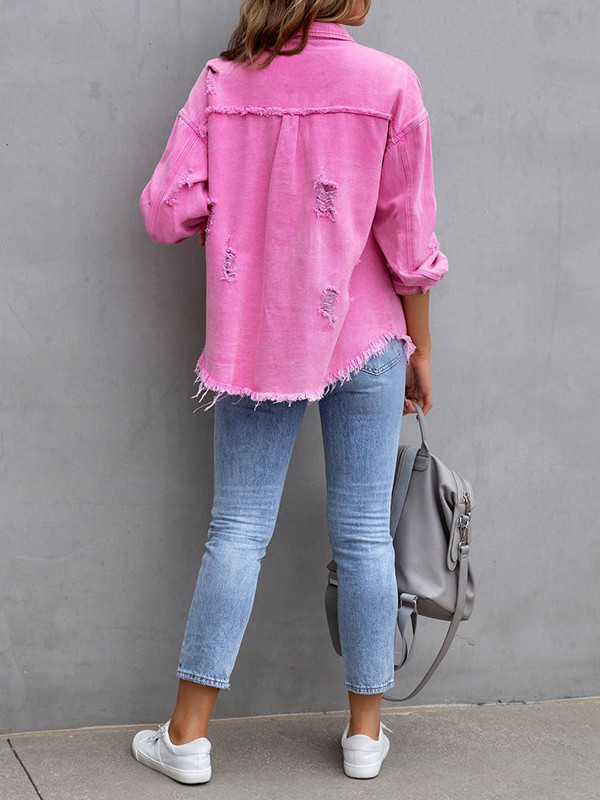 Pockets Fringed Loose Long Sleeves Lapel Outerwear