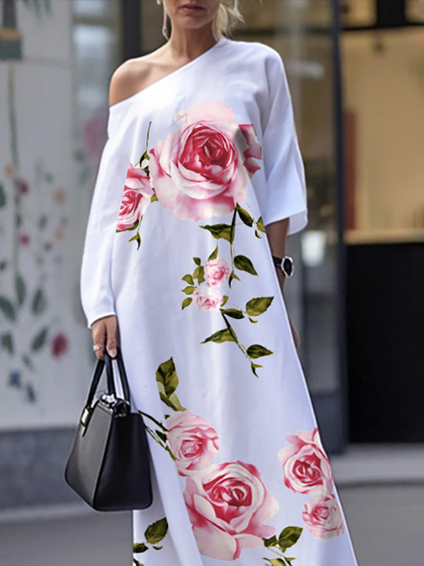 Pockets Flower Print Asymmetric Three-quarter Sleeves Loose One-shoulder Maxi Dresses